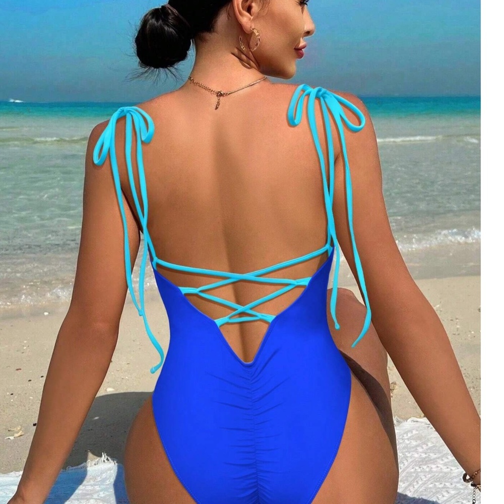 Shoulder Tie Criss Cross Back Monokini One Piece Swimsuit